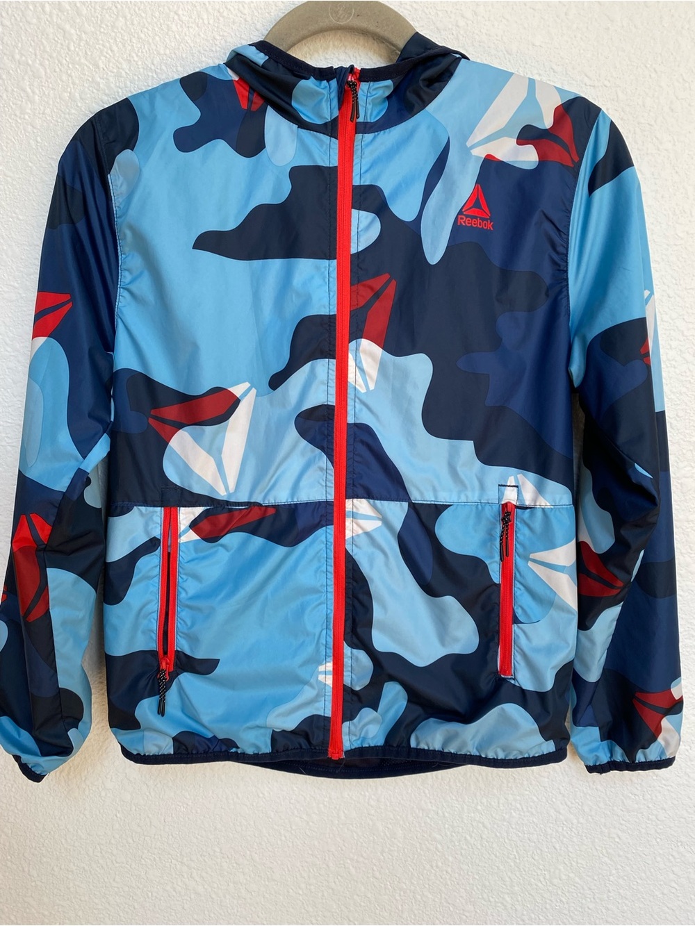 Reebok Blue Camouflage Hooded Windbreaker with Red Accents - Boy’s Large